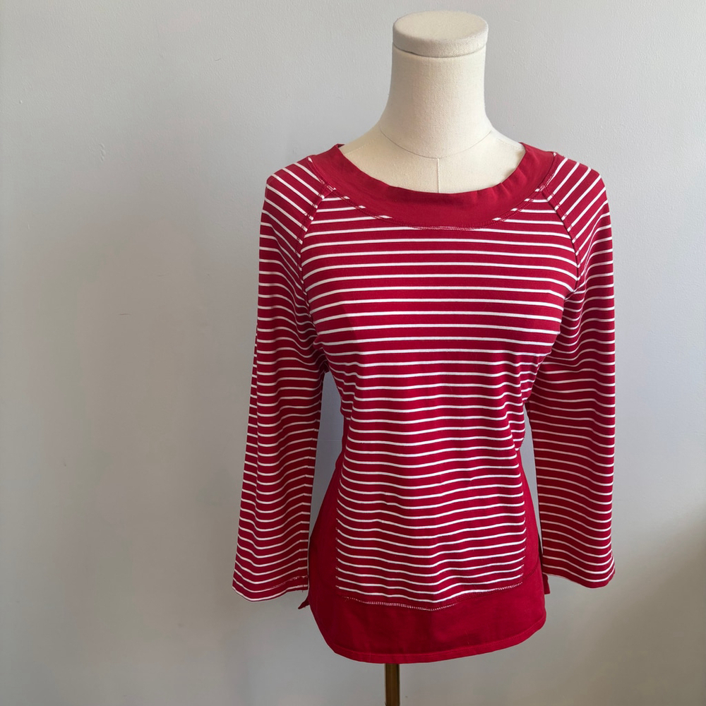 Neon Buddha Women's Red & White Striped 3/4 Sleeve Top, SZ M